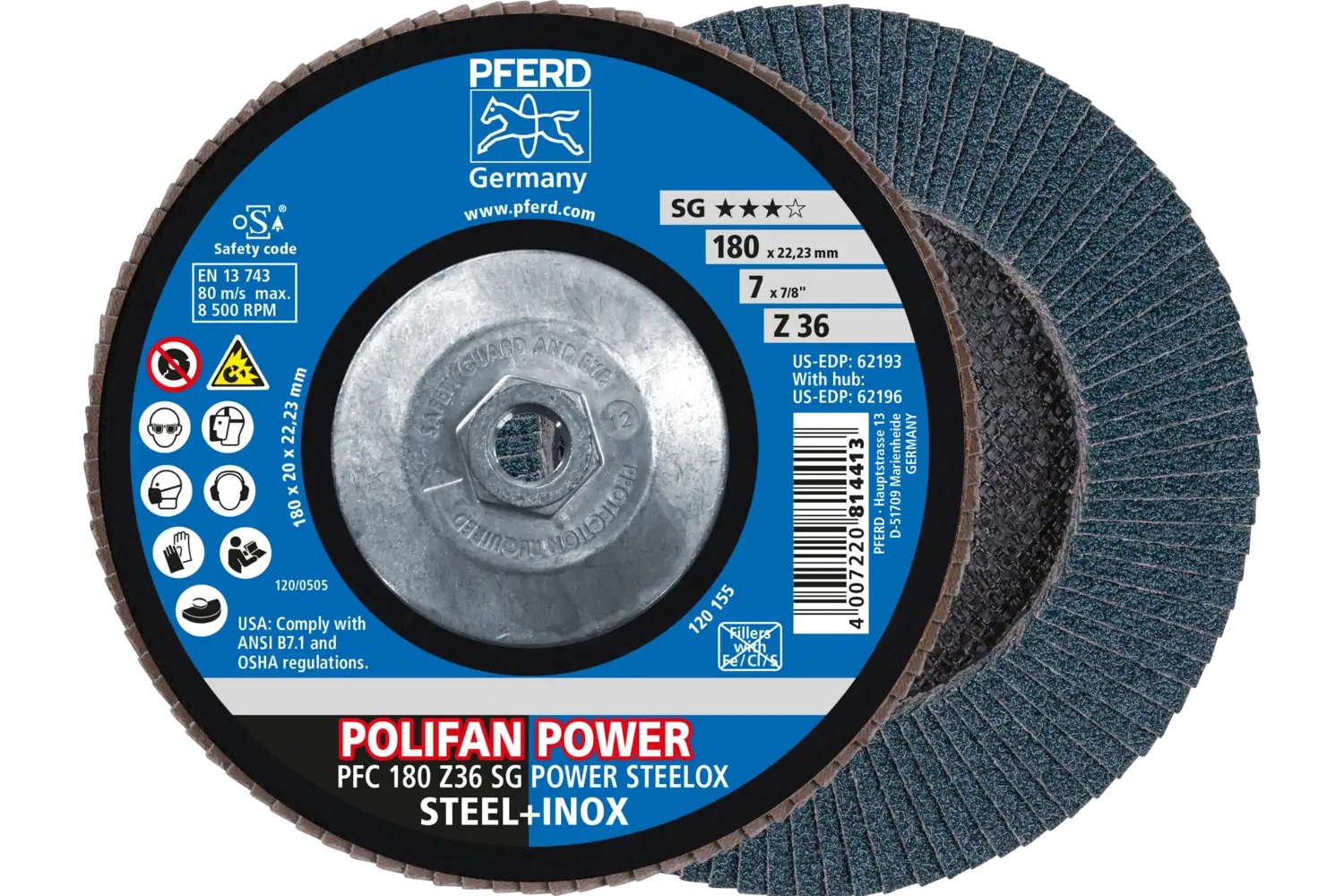 Picture of Pferd Flap Disc, 7" x 5/8-11, Z SG Power Steelox, 36 Grit, T29, Conical, Zirconia